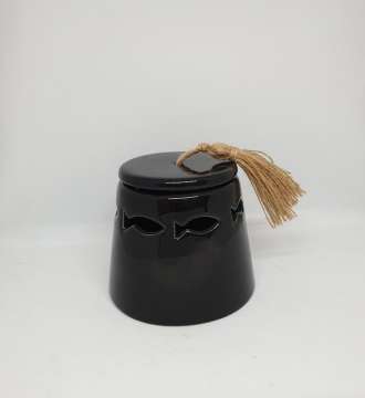 SMALL CONICAL JAR SARDINE CUT OUT WITH LID AND TASSEL BLACK